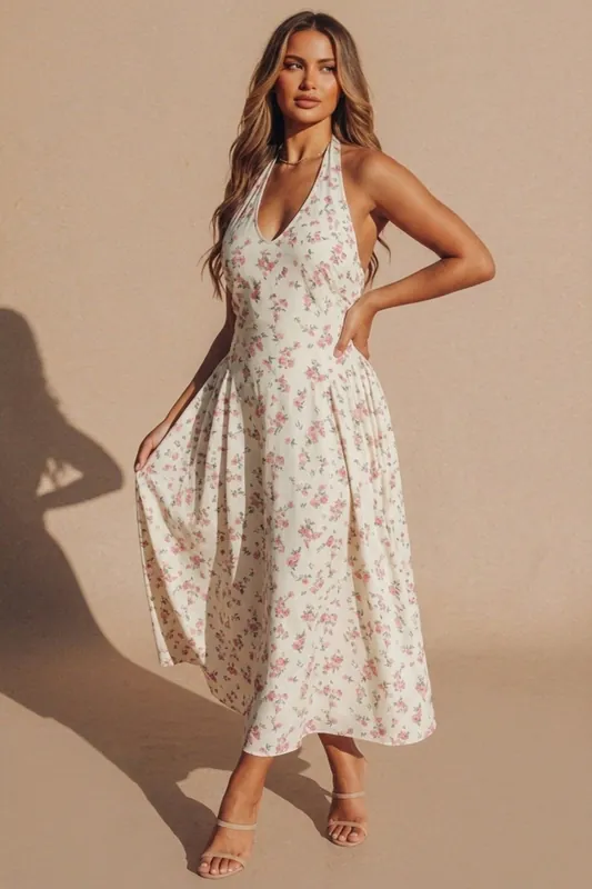 Cream Floral Halterneck Midaxi Skater Dress- Canal