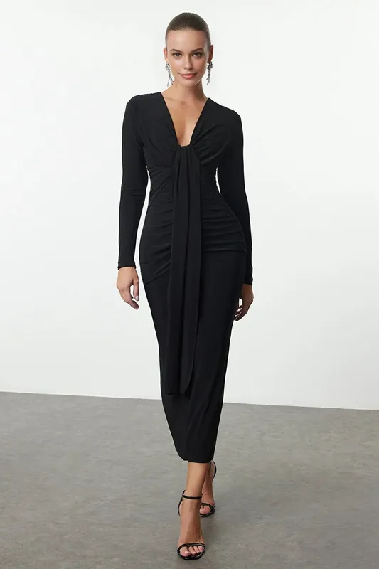 Plunge V-Neck Maxi Dress with Front Drape Detail
