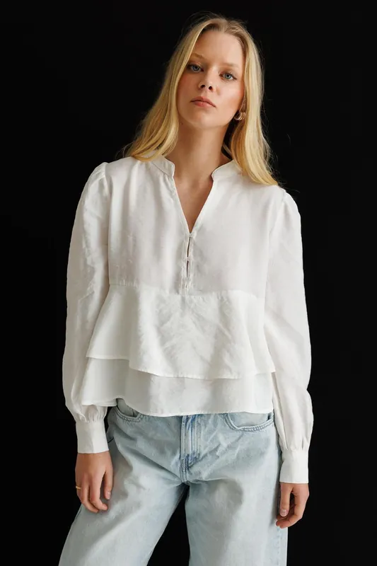 Frilly V-Neck Button-Up Blouse