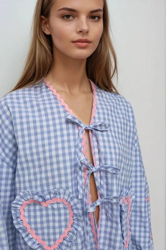 Long Sleeve Plaid Shirt Collar Top with Heart Detail - Hiccup
