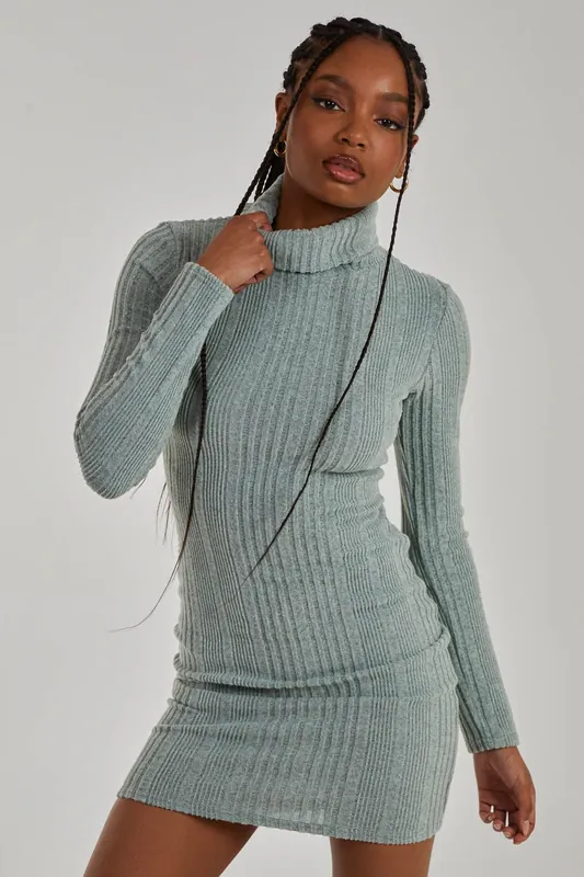 Chunky Brushed Rib Roll Neck Dress - Pink Vanilla