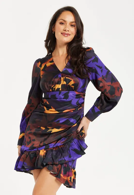 Abstract Print Mini Dress Frill Details - Liquorish