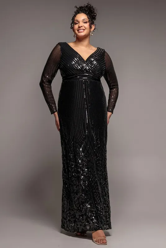 Long Sleeve Sequin V Wrap Maxi Dress - Goddiva