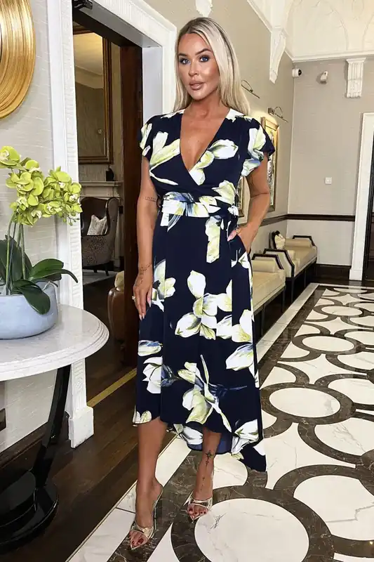 Navy Floral Print Short Sleeve Belted Wrap Midi Dress - AX Paris