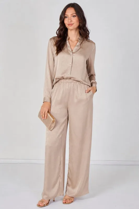 Beige Satin Shirt and Straight Leg Trousers Co-Ord Set