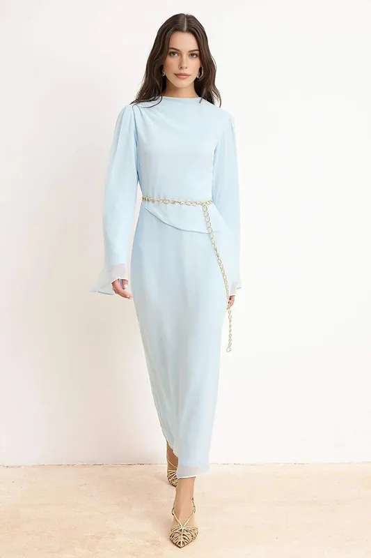 High Neck Chain Belt Long Sleeve Maxi Chiffon Dress - WOVCOR