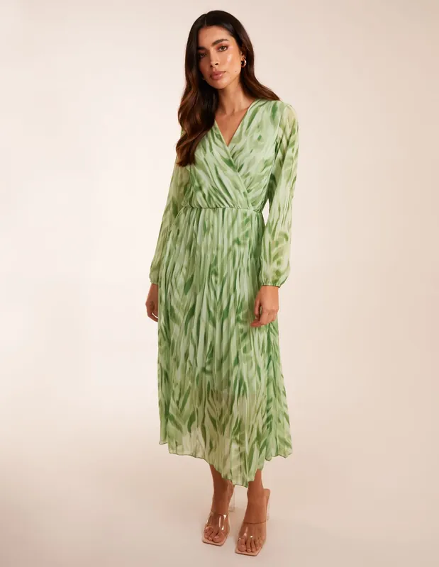 Abstract Wrap Pleated Midi Dress - Blue Vanilla