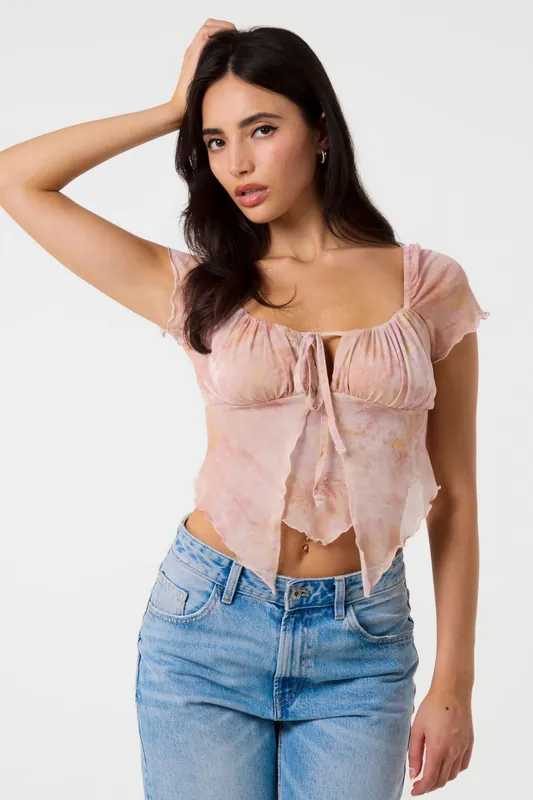 Multi Short Sleeve Mesh Butterfly Top - Pink Vanilla