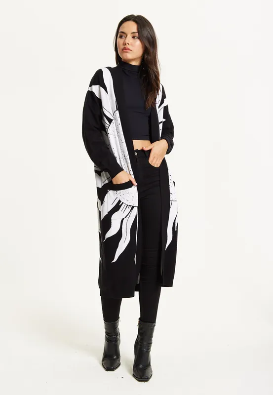 Black Sun Graphic Longline Cardigan - Liquorish