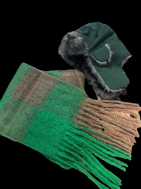 Khaki Trapper & Brown Green Check Scarf Set - Mens