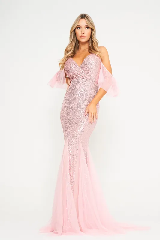 Pink Flutter Sleeve Sequin Maxi Dress - LuvForever Fashion