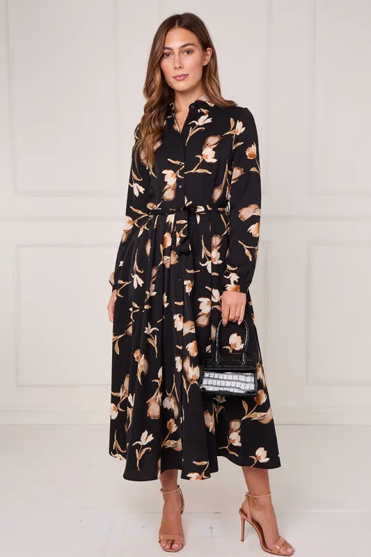 Black Soft Bloom Print Midaxi Shirt Dress - Love Sunshine