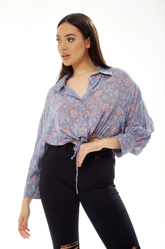 Floral Print Crop Shirt in Lilac - Liquorish