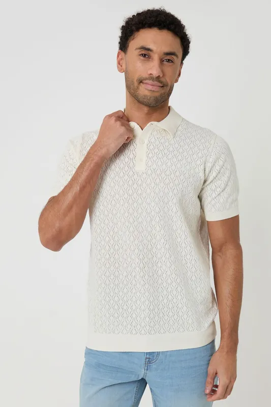 Cotton Textured Knit Short Sleeve Polo - Threadbare