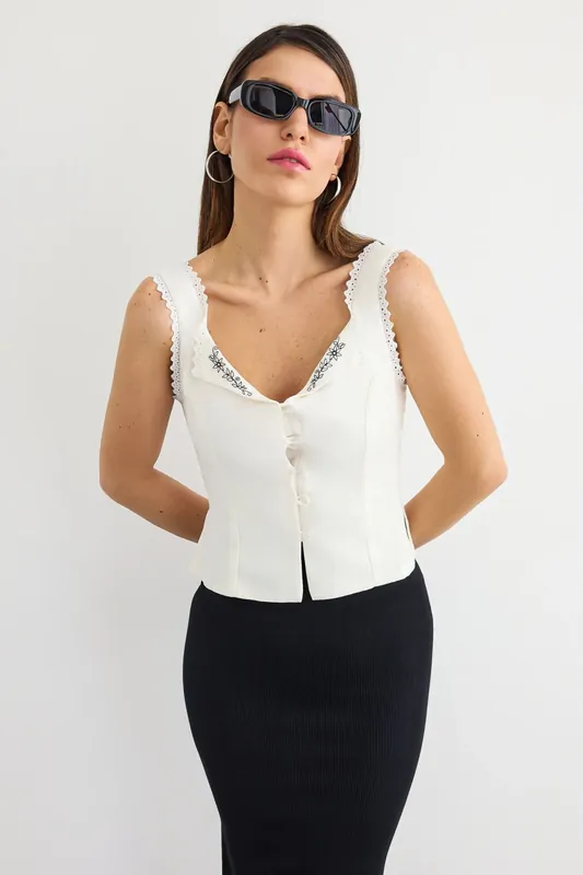 Lace Trim Buttoned Corset Top - Hiccup