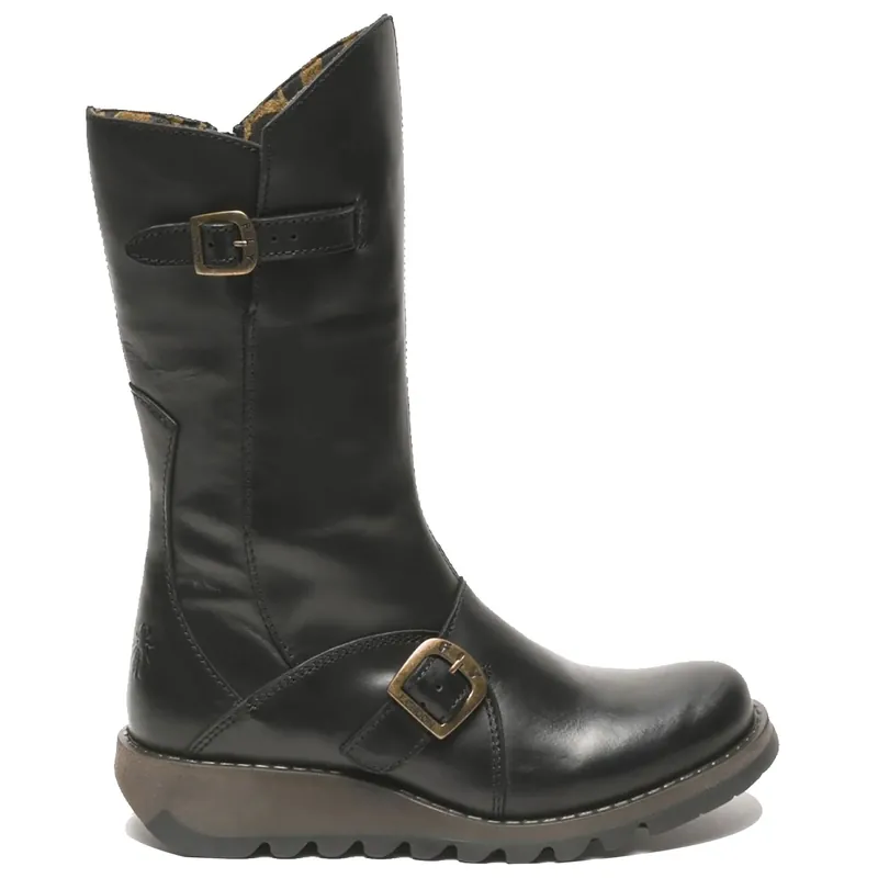 Wedge Heel Buckle Mid Calf Leather Boots - TruClothing