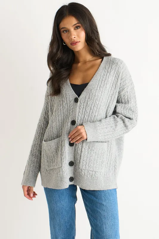 Grey Cable Patch Pocket Knitted Cardigan - Gini London