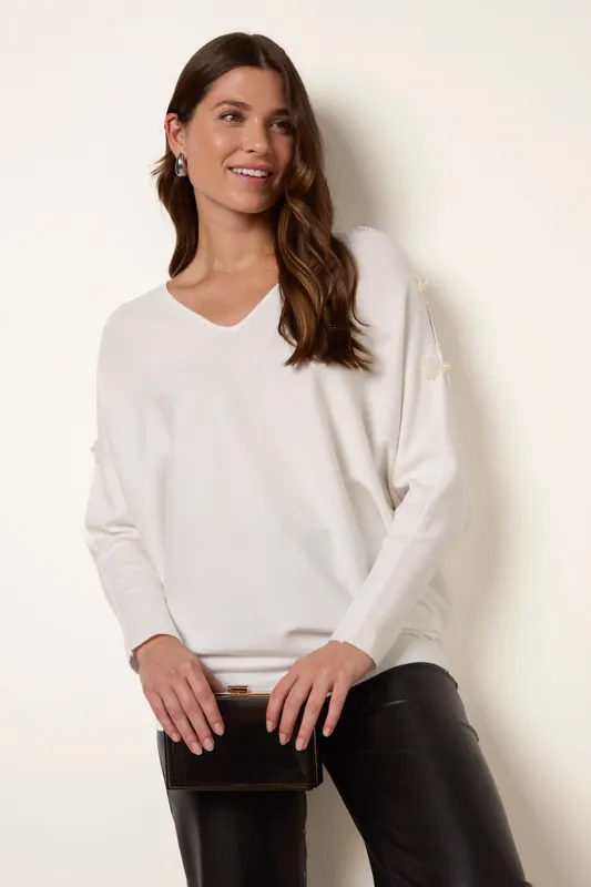 Ivory V-Neck Batwing Shoulder Pearl Detailing Jumper