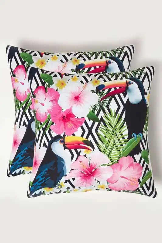 Luxury Waterproof Tropical Toucan Outdoor Cushion 45 x 45 cm, Set of 2 - Homescapes
