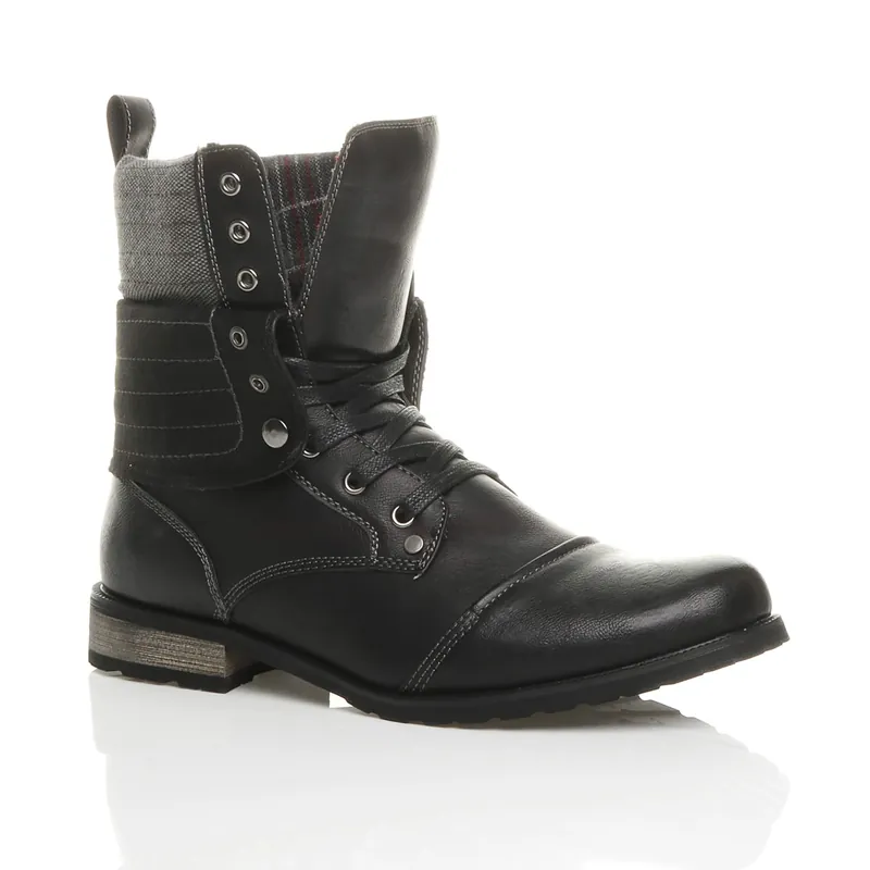 Low Heel Lace Up Biker Military Ankle Boots - AJVANI