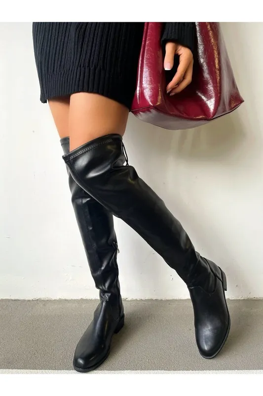 Abbey Tie Detail Low Heel Knee High Boots - IKRUSH