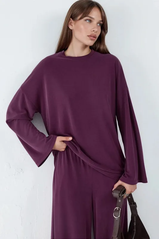 Relaxed Fit Crew Neck Long Sleeve Blouse - Busem