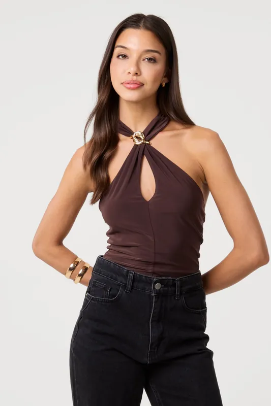 Brown Keyhole Halter Top - Pink Vanilla