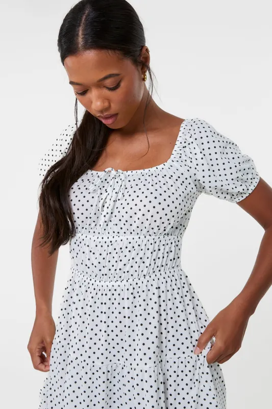 White Puff Sleeve Polka Dot Tiered Mini Dress - Pink Vanilla