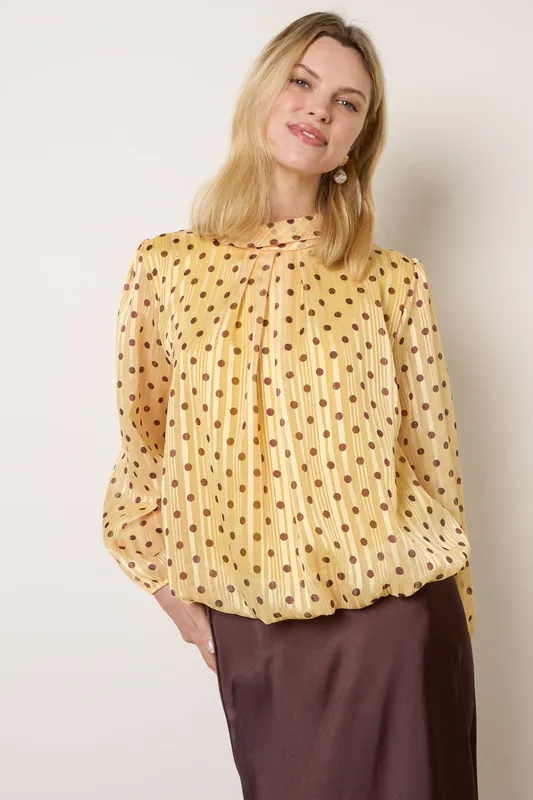 Yellow Polka Dot Cowl Neck Puffball Blouse - Blue Vanilla