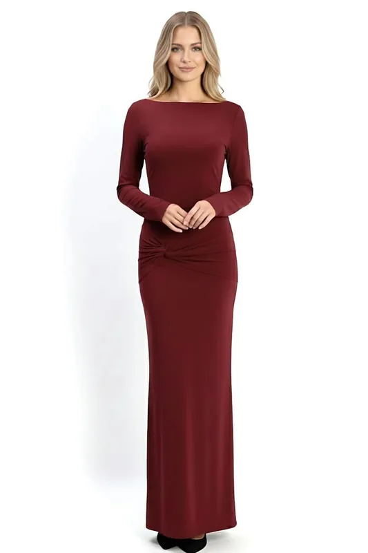 Wine Backless Slinky Knot Waist Bodycon Maxi Dress - AVINCI