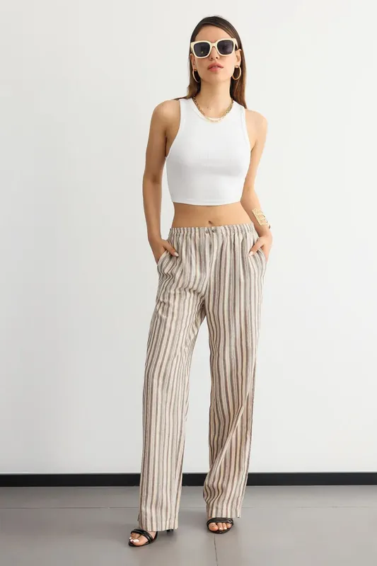 High-Waist Striped Woven Trousers with Elastic Waist and Button Detail