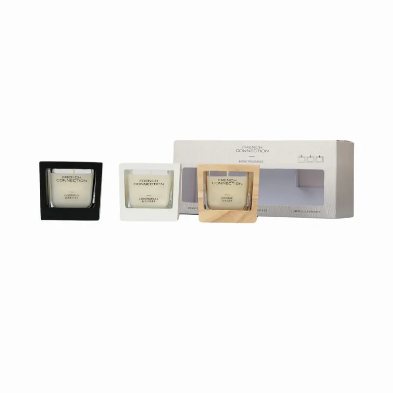 Wooden Candle Trio Gift Set Lemongrass Ginger Orange Serenity - French Connection