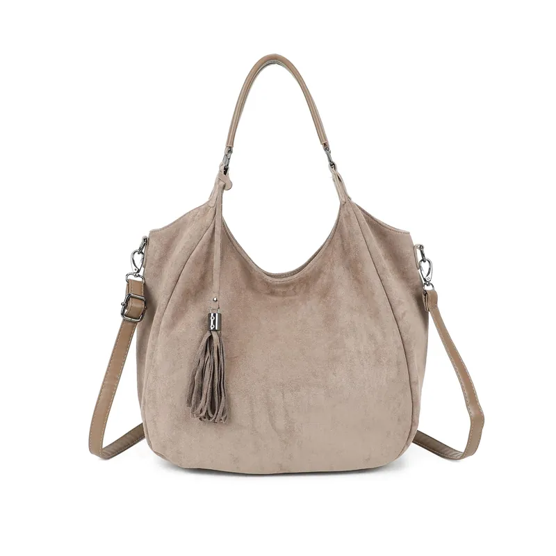 Roomy Faux Suede Tote Bag with Tassel & Detachable Strap - Kitise