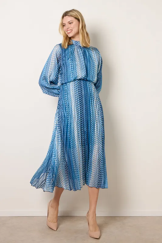 Blue Zig Zag Metallic High Neck Puffball Pleated Dress - Blue Vanilla