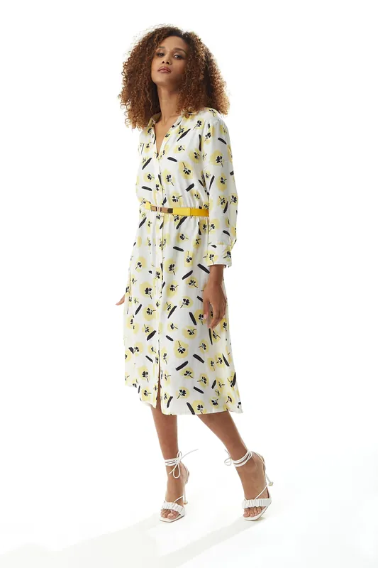 Yellow Floral Midi Shirt Dress in White with Belt - Liquorish