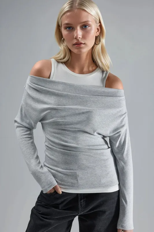 Soft Touch Crew Neck Long Sleeve Double Layer Knit Blouse - Hiccup