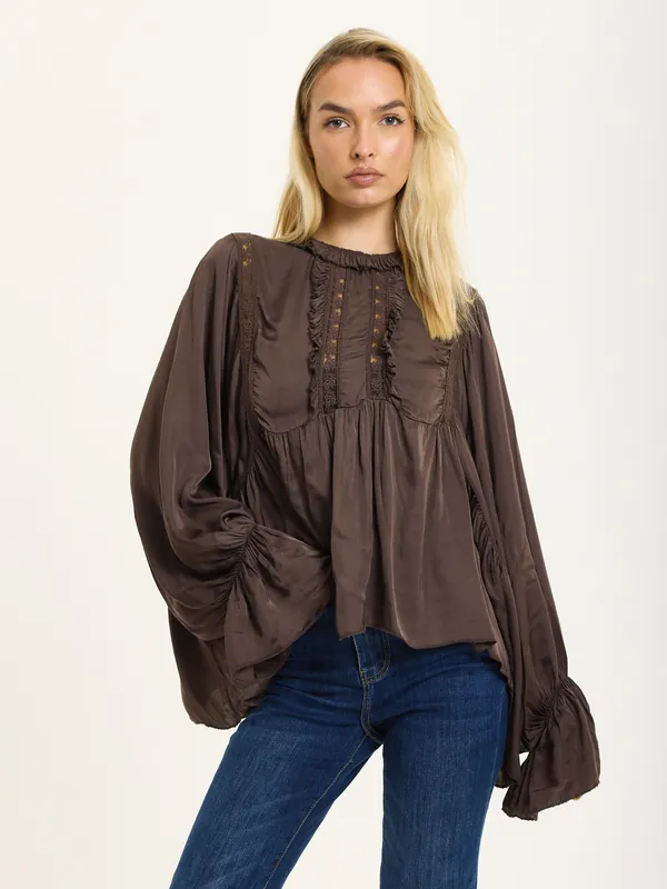 Chocolate Boho Lace Detail Blouse - Liquorish