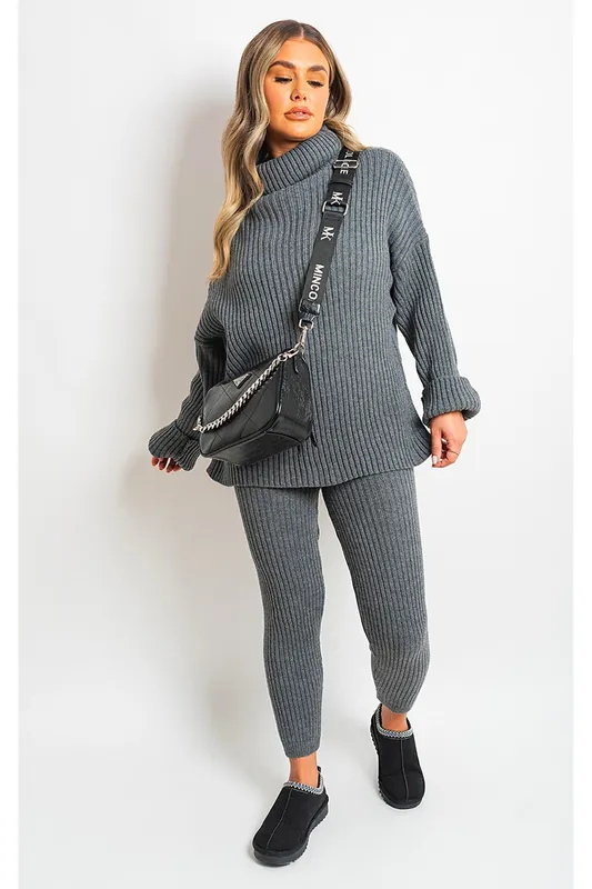 Mila Chunky Knitted High Roll Neck Top Bottom Co-ord Set