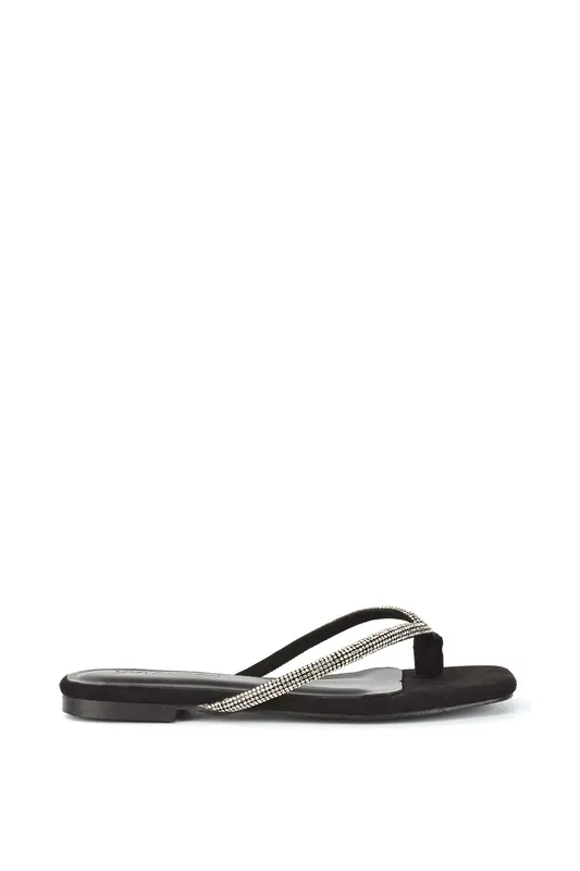 Raina' Square Toe Thong Strap Flat Diamante Sandal Slides - XY London