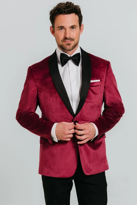Burgundy Velvet Jacket with Contrast Shawl Lapel - Dobell