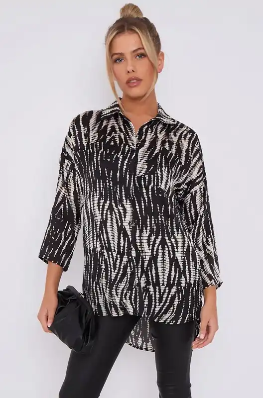 Black Tie Dye Print Satin Oversized Shirt - Love Sunshine