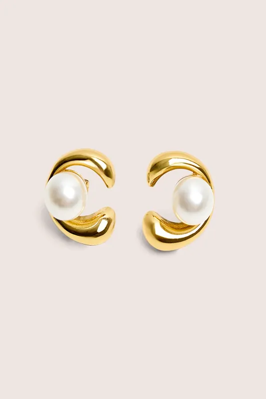 Gold Plated Pearl Abstract Shape Earrings - Public Desire