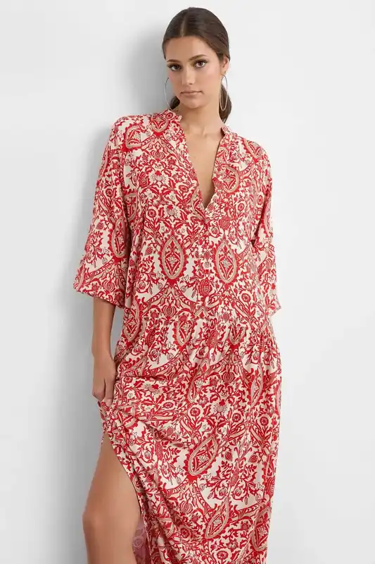 Abstract Print Tiered Shirt Maxi Dress - Hiccup