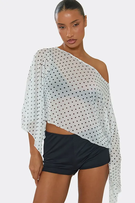 Long Sleeve Off The Shoulder Polka Dot Mesh Top - EGO