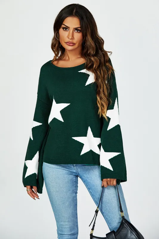 Wide Sleeve Oversize Dark Green Jumper With White Star - FS Collection