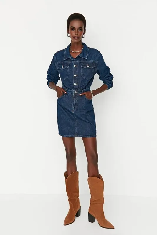 Mini Denim Shirt Dress with Pocket Detail - WOVCOR