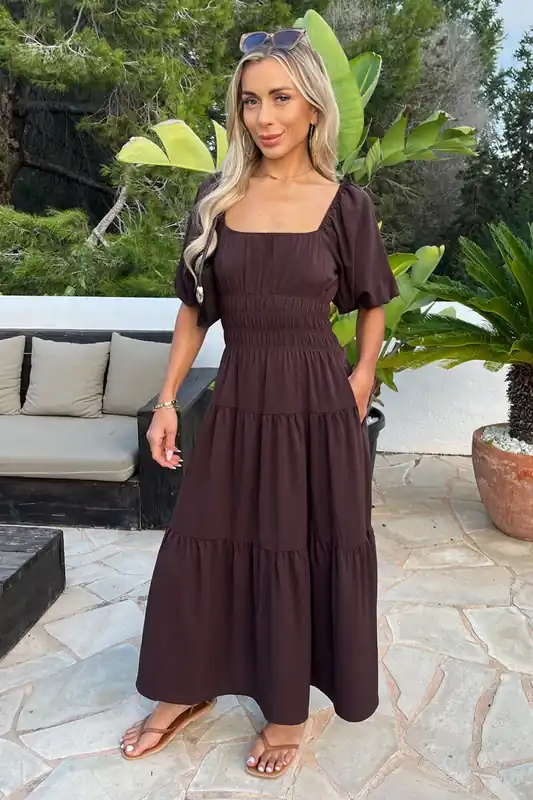 Chocolate Puff Sleeve Shirred Waist Smock Midi Dress - AX Paris