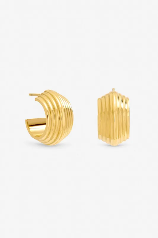 Gold Plated Waterproof Ribbed Chubby Hoop Earrings - Jon Richard