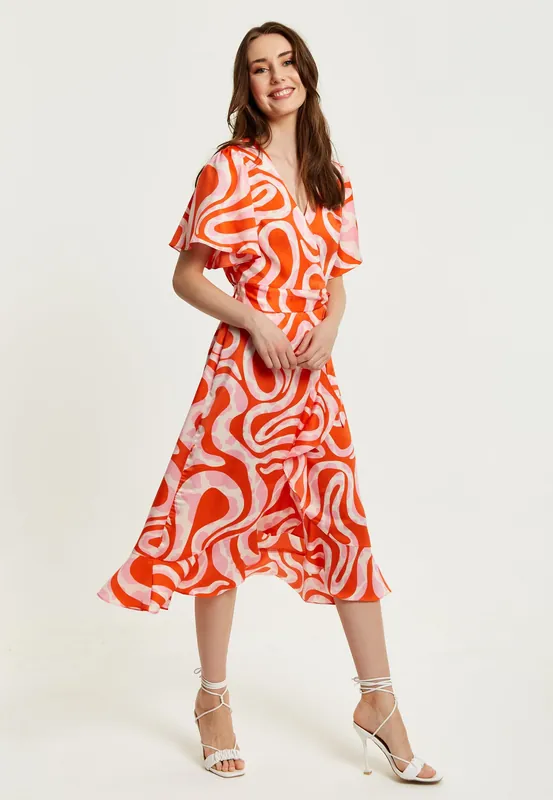 Pink And Red Abstract Print Midi Wrap Dress - Liquorish