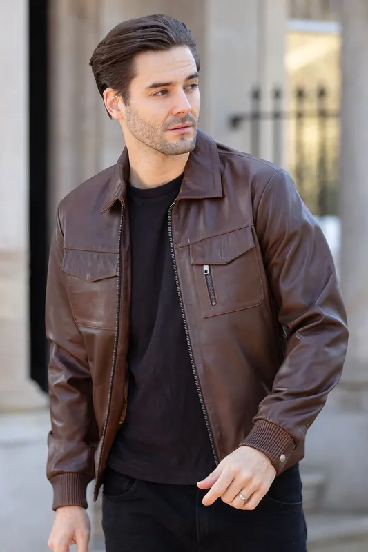 Torino Classic' Real Leather Classic Bomber Jacket With Brando Collar - Ashwood Leather